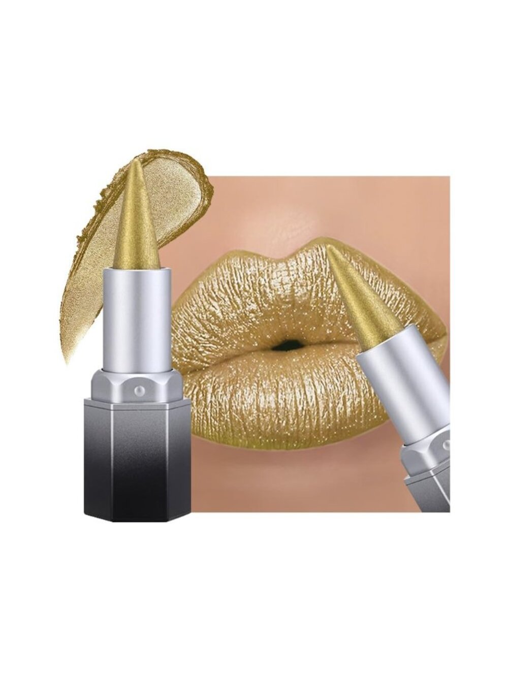 Women 1Pcs -04 Gold Shimmery Metallic Cone-Tip Glitter Lipstick and Lip Liner